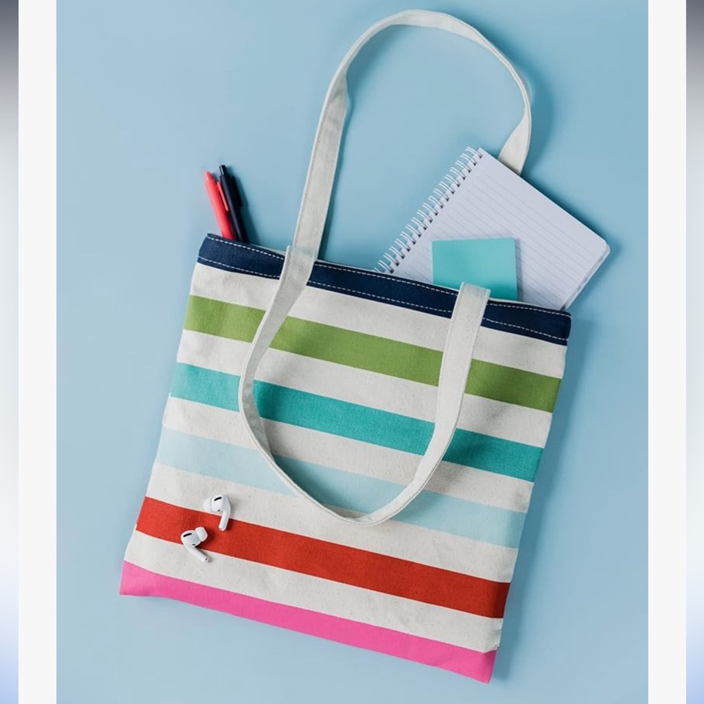 Kate Spade Heavy-duty Multi-Colored Stripes Cream Canvas Book Tote Bag